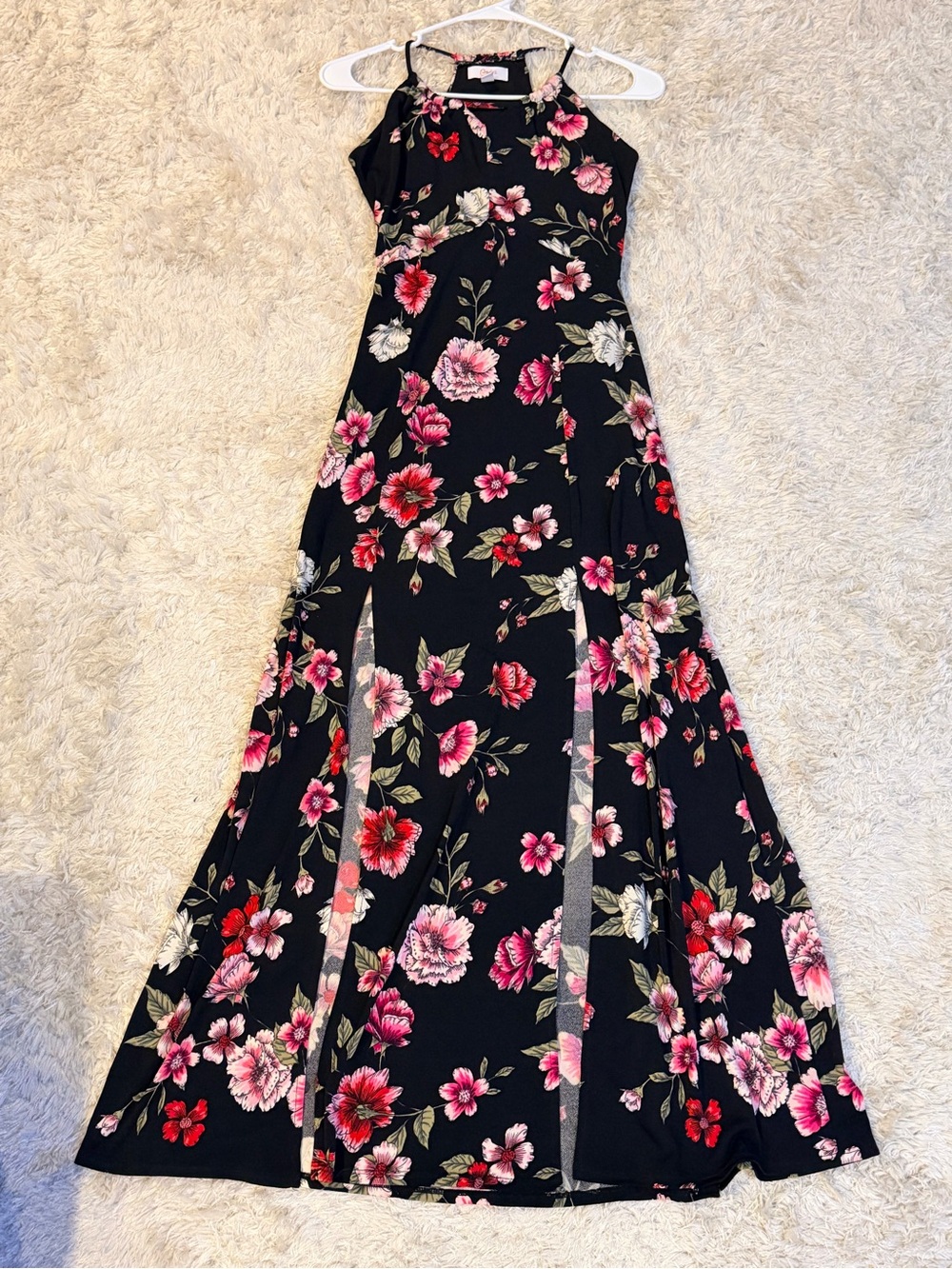 Floral Halter Maxi Dress - Black with Pink & Red Blooms XS